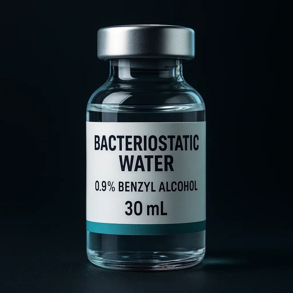 Pharmaceutical-grade 30ml bacteriostatic water vial with silver crimp seal and teal accent band